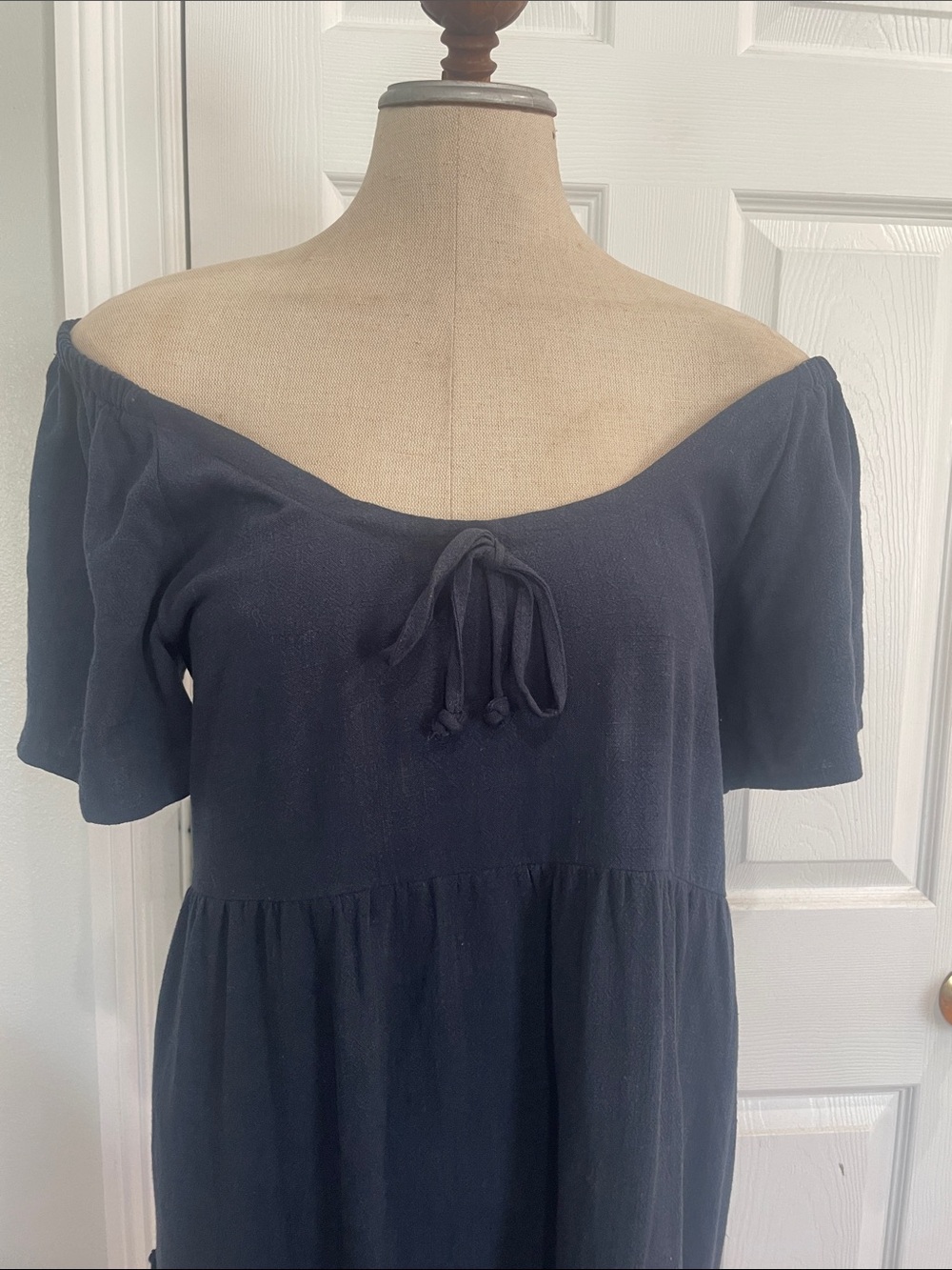Yarn & Sea linen Short-Sleeve  Tiered Midi navy blue Dress Tie women size M nwts